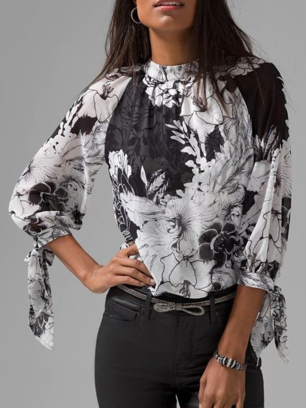 WHBM Black + White Floral Print Tie-Sleeve Blouse White House Black Market